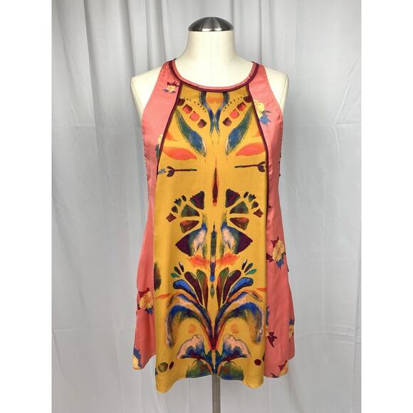 Free People "Dream Free" Peach Mustard Floral Tunic Slip Dress Sleeveless S - Picture 1 of 16